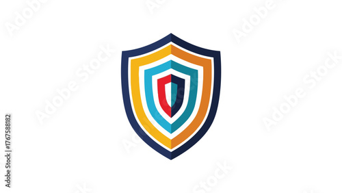 A colorful, layered shield design with a dark blue outer layer and a white background