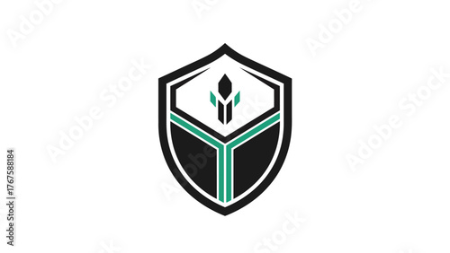 A geometric emblem features a shield shape, with a stylized design of a cube with a vertical abstract figure