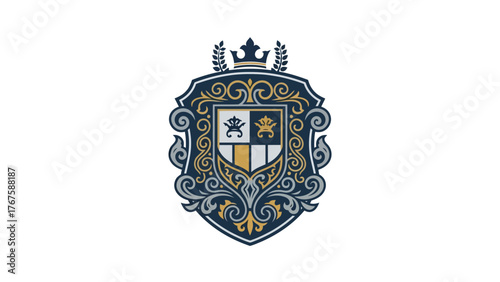 Intricate crest illustration features a crown, wheat, swirls, and a shield with crowns