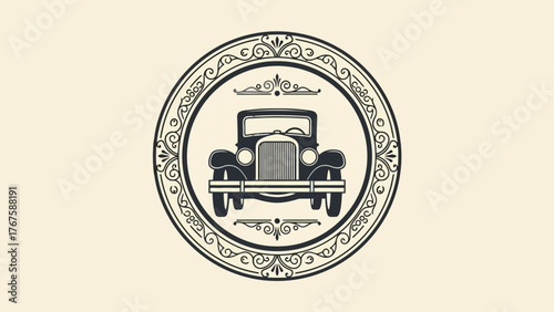 Black vintage car inside a decorative circular frame. Background is an off-white color
