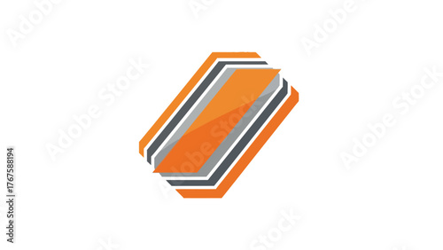 A geometric abstract illustration featuring layered shapes with an orange, gray, and white color scheme