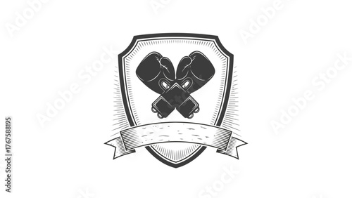 A vintage crest featuring crossed boxing gloves, rays, and a banner, all in monochrome style