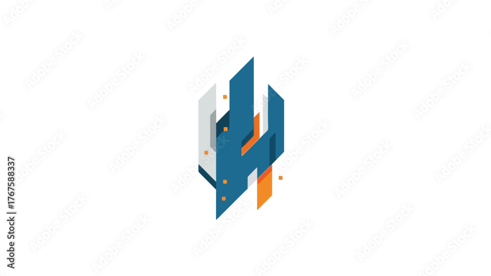 Fototapeta premium Abstract geometric composition featuring layered shapes in blue, orange, white against a white backdrop