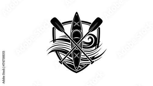 Black and white illustration of a kayak, paddles, and waves, encased in a shield-like shape
