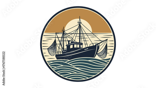 Vintage circular emblem with a fishing trawler, sun, waves, and nets, in dark blue and gold tones