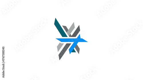 Abstract geometric design featuring a central blue shape with angular grey, teal, and blue elements