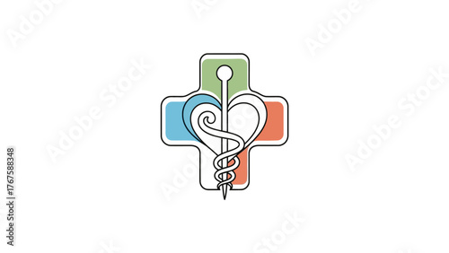 A medical symbol comprising a cross with colored quadrants and a staff of Asclepius