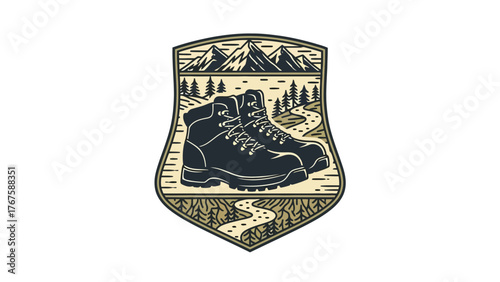 A vintage-style emblem with hiking boots, mountains, trees, and a winding path, within a shield