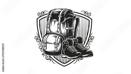 A monochrome illustration of a backpack, travel bag, boots, set in a shield with decorative details