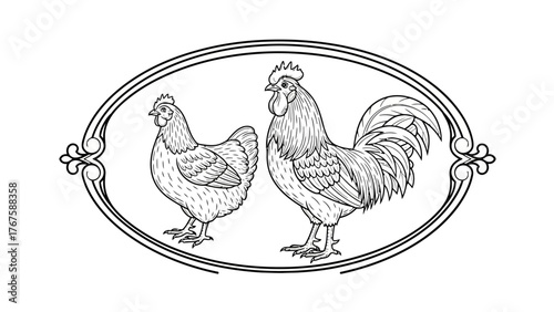 Black and white illustration of a chicken and a rooster inside an ornate oval frame