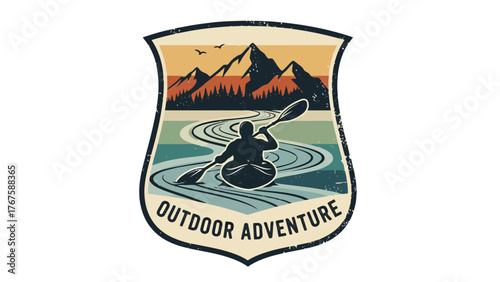 A crest illustration showing a kayaker, mountains, trees, and water with "OUTDOOR ADVENTURE