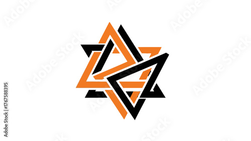 A geometric design featuring overlapping triangles in black and orange colors against a white backdrop