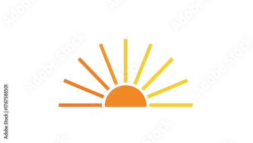 Simplified graphic of a rising or setting sun with radiating beams in various orange hues