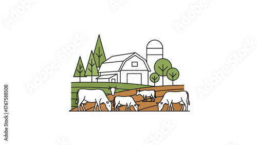 A line art illustration depicts a rural scene of cows grazing near a barn and silo