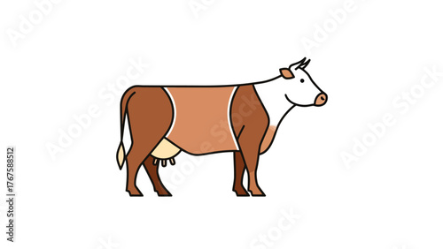 A cartoon cow, with brown and white coloring, stands facing right. The udders are visible