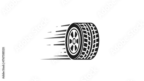 A monochrome illustration features a stylized tire with motion blur, suggesting speed and movement