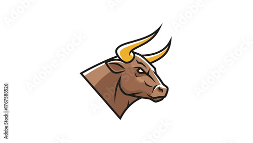 Stylized head of a bull with brown body, yellow horns, and a black outline