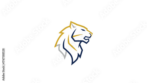A side profile of a roaring feline head, stylized and geometrical, with blue and gold outlines