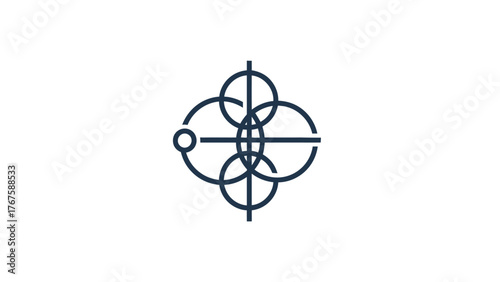 Abstract dark blue design of intersecting circles and lines arranged against a white background