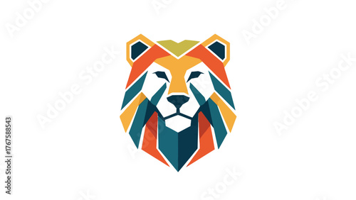 A geometric illustration of a lion's head, featuring angular shapes and vibrant color palette