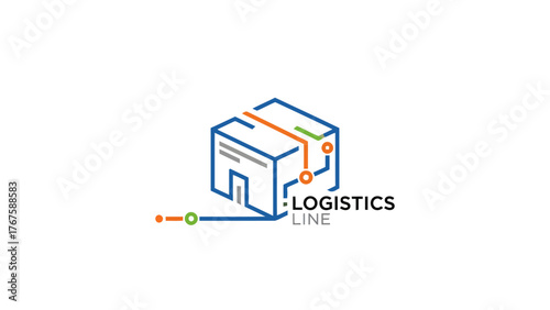 Modern logistics logo, depicting a stylized box with lines and circles, conveying delivery and transport concepts