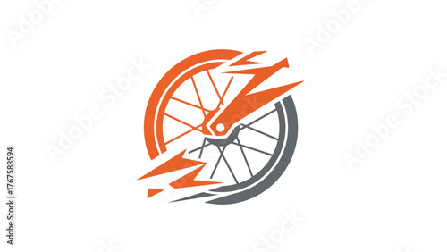 A bicycle wheel graphic, stylized with orange and gray color scheme, a lightning bolt cutting the image