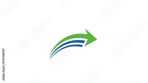 A stylized arrow with green head and curved blue lines, suggesting growth on a white background