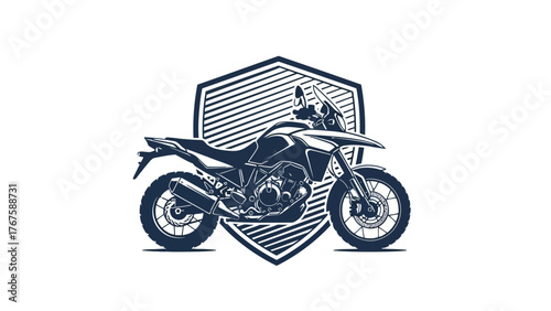 A motorcycle is featured within a stylized shield, rendered in a two-tone, high-contrast graphic style