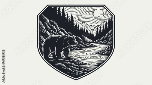 Black and white illustration of a bear in a landscape surrounded by mountains, trees, and water