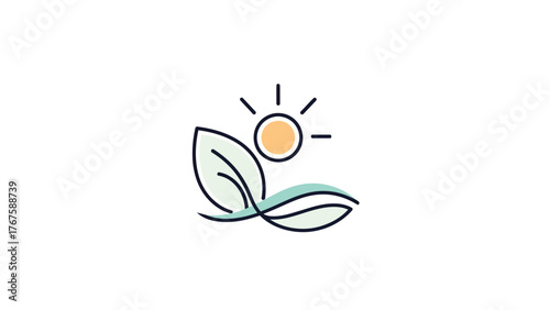 Minimalist logo features stylized leaves beneath a radiant sun, all in a clean, modern design