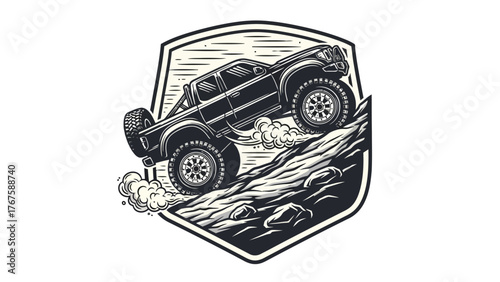 A black monochrome illustration of an off-road truck climbing rocky terrain in a shield