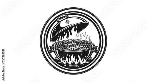 A monochrome illustration showing a barbecue grill with a lifted lid and kebabs