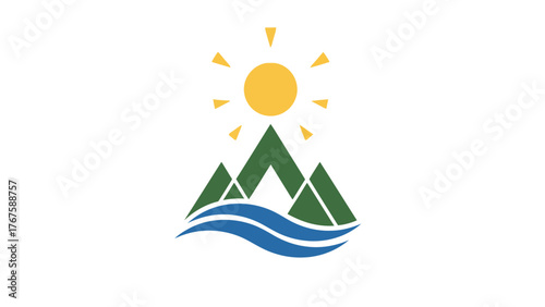 A sunny day over mountains and water, depicted in bold colors on a white background