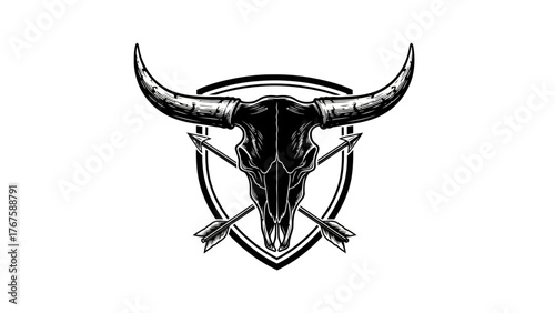 A black and white emblem featuring a bull skull, crossed arrows, and a shield-like shape