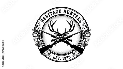 Black and white vintage design depicting crossed rifles, deer antlers, and decorative elements
