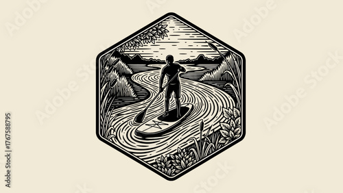 A paddleboarder in a river, black and white design within a hexagon frame