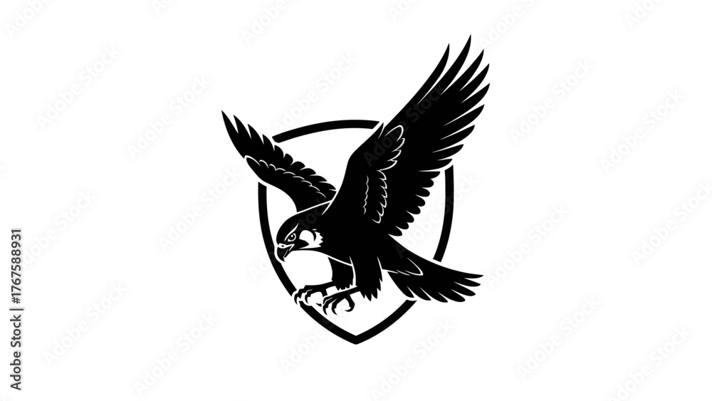 Fototapeta premium A silhouette of a bird of prey with outstretched wings, inside a shield