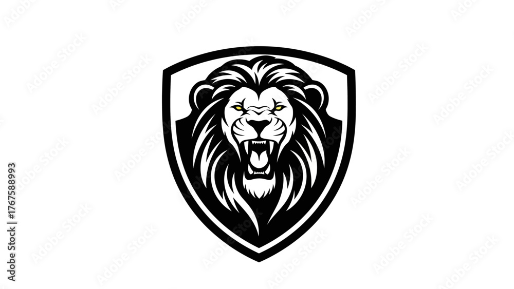 Fototapeta premium A fierce lion's face, roaring with bared teeth, framed inside a shield-shaped border