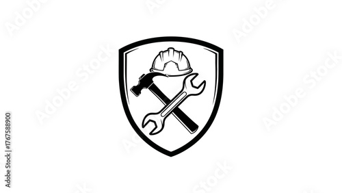 Black and white illustration of construction tools including a hard hat, hammer, and wrench inside a shield