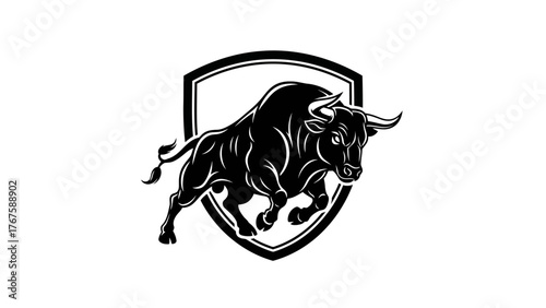 A black and white illustration of a charging bull inside a shield, set against a white background