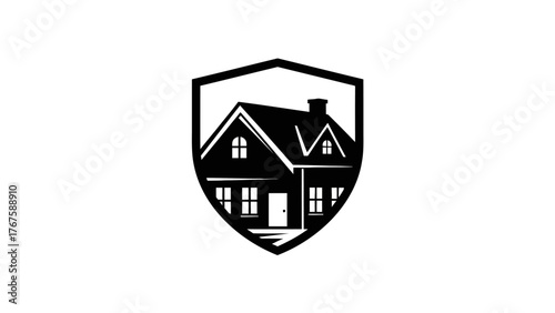 A black and white graphic depicting a house within a shield. It features a door, windows, and roof
