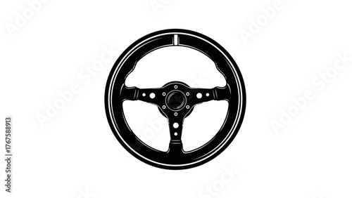 A simple, isolated black and white steering wheel illustration, perfect for driving or automotive themes