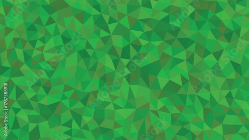 Abstract geometric background with a mosaic of green triangles in various shades.
