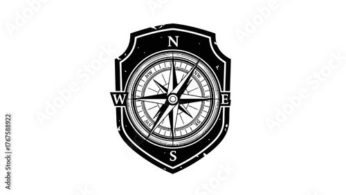 Black and white compass rose graphic, contained within a shield shape, with directional letters