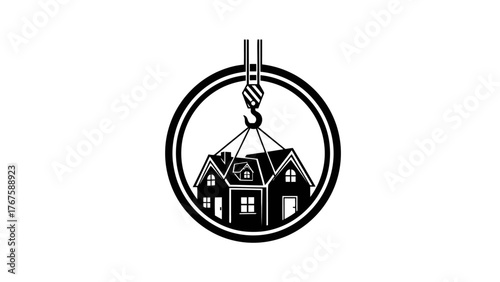 A black and white construction emblem features a crane lifting houses inside a circular frame