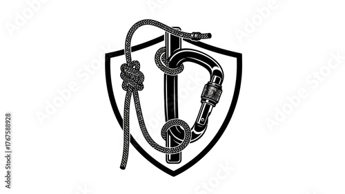 A black and white illustration of climbing gear including a carabiner, rope, and shield