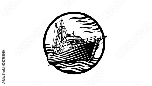 A black and white illustration of a boat, enclosed within a circle, sailing on waves