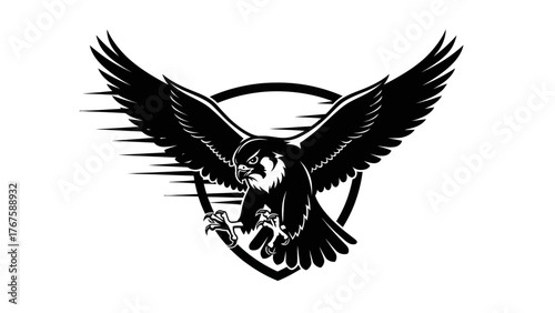 A black and white illustration of a bird with outstretched wings, central in a shield shape