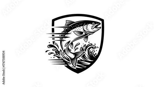 A black and white illustration of a fish leaping from water inside a shield-shaped frame