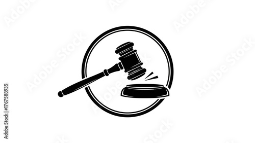A silhouette illustration of a gavel, striking a base, set within a circular frame